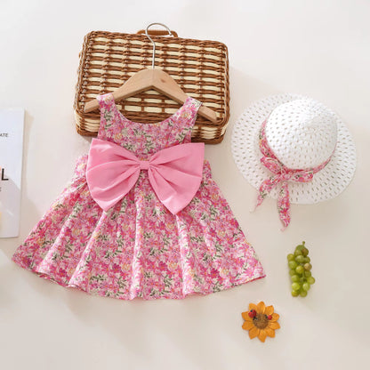 Summer 2-Piece Baby Dress+Sun Hat Bow Strap Floral Baby Girl Dress Soft and Comfortable Children'S Clothing